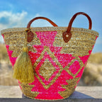 Boho rattan beach bag Aztec gold and fuchsia, with gold tassel