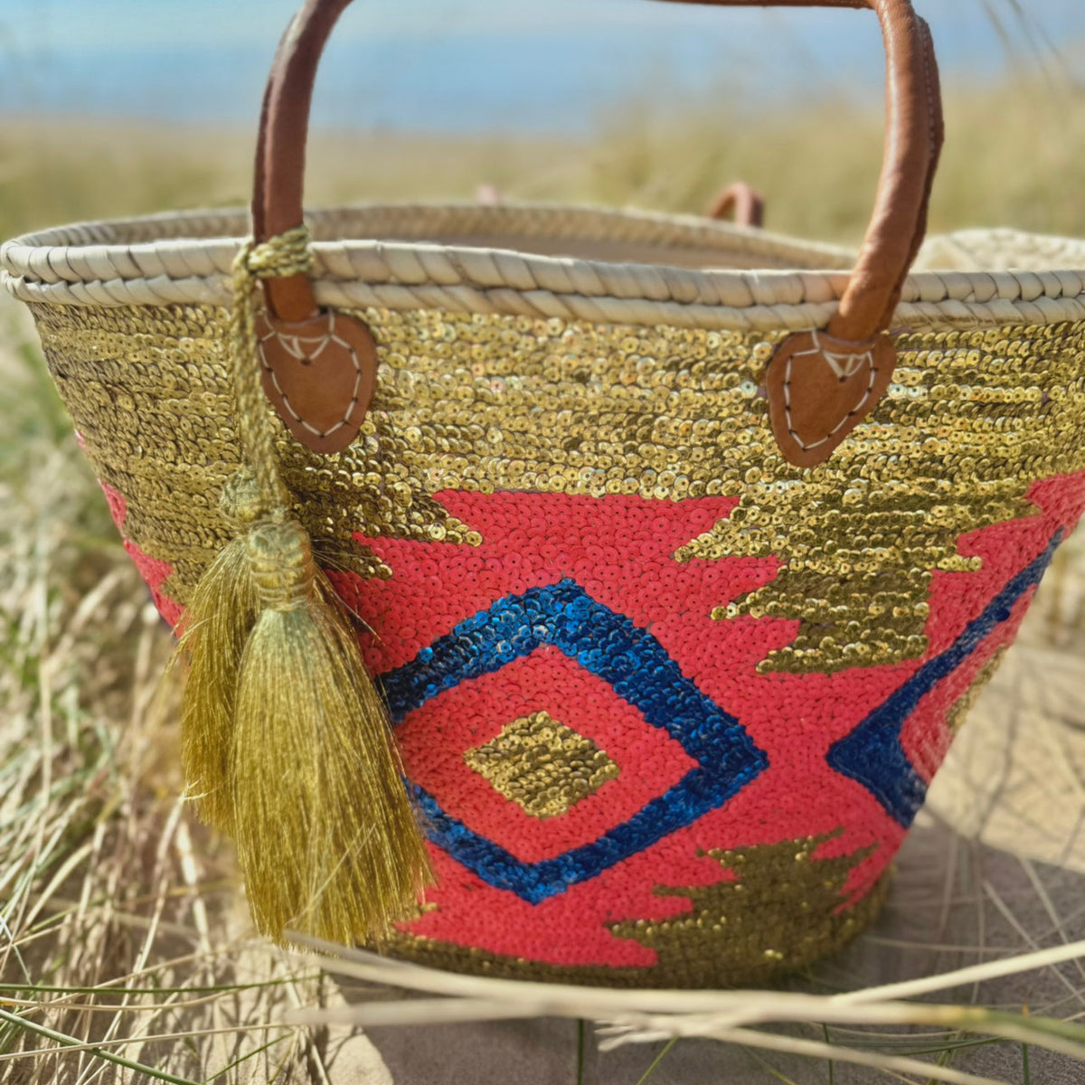 Boho rieten strandtas Aztec goud multi, met gouden tassel