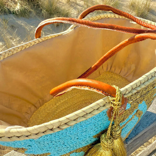 Boho rieten strandtas Aztec goud en turquoise, binnenkant met voering