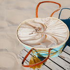 Boho rieten strandtas Aztec goud en turquoise van bovenaf, met voering en trekkoord