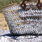 Large straw beach bag with sequins silver, close up of the front