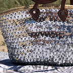 Large straw beach bag with sequins silver, close up of the silver sequins