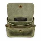 Leather purse metallic army green, opened with compartments and press stud