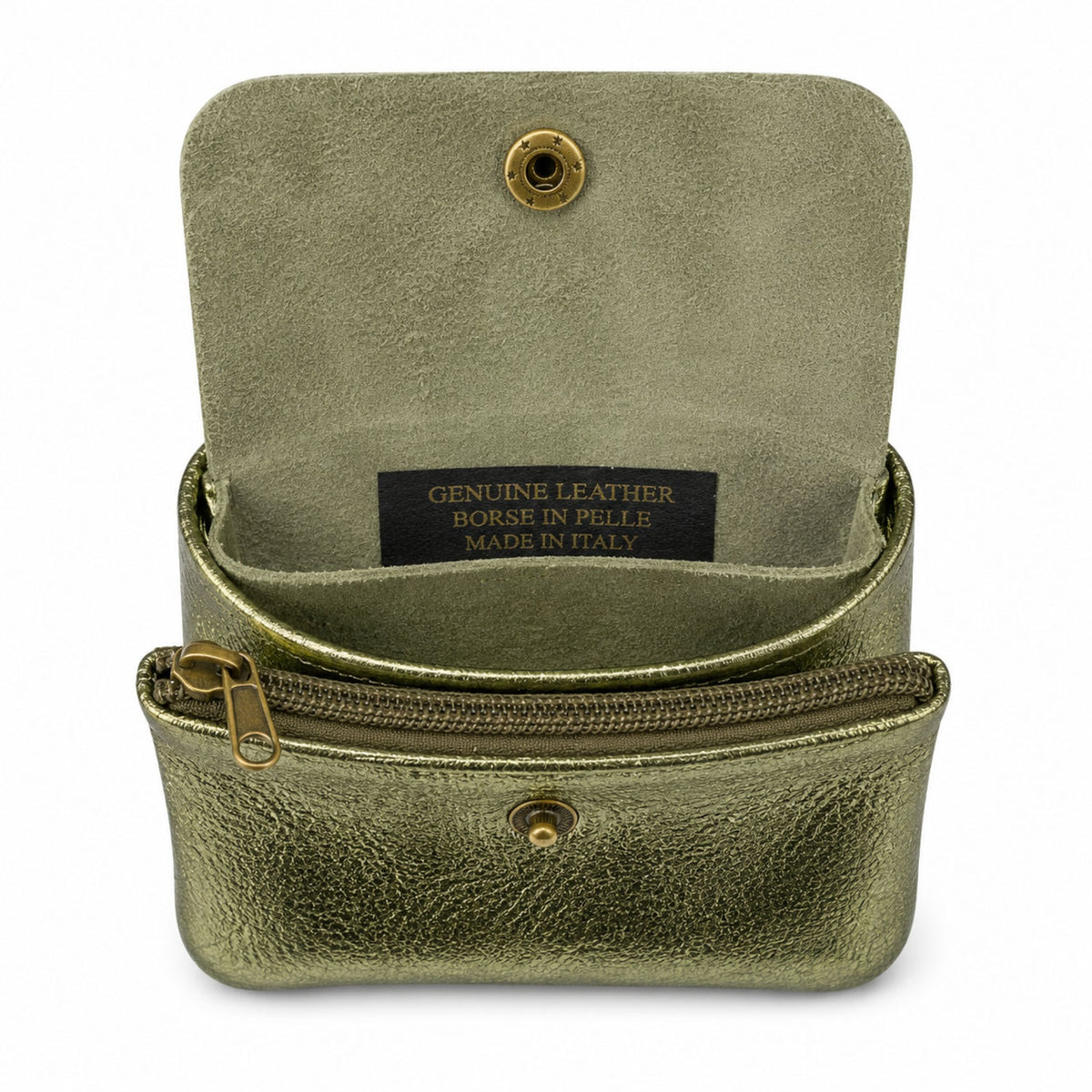 Leather purse metallic army green, opened with compartments and press stud