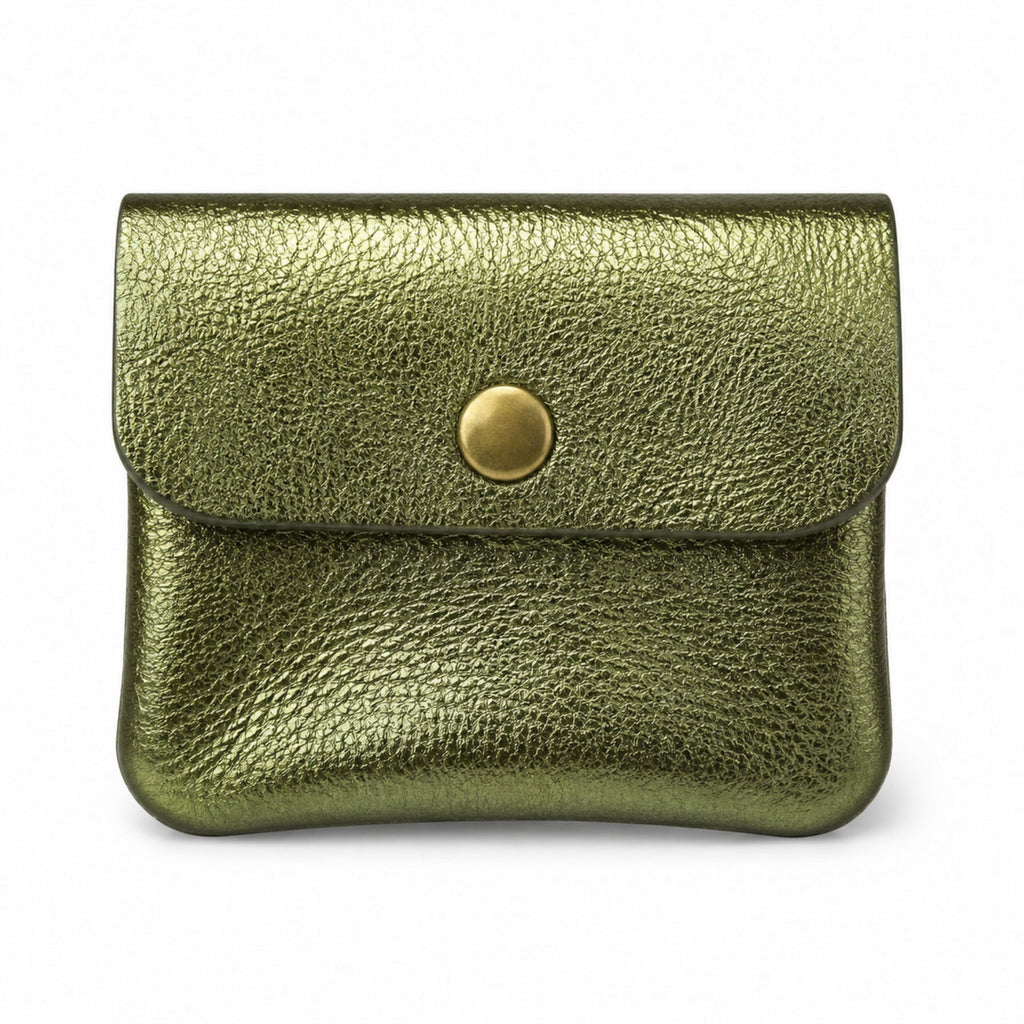 Leather purse metallic army green, front view