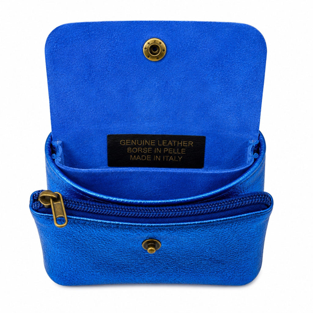 Leather purse metallic blue, opened with compartments and press stud