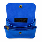 Leather purse metallic blue, opened with compartments and press stud