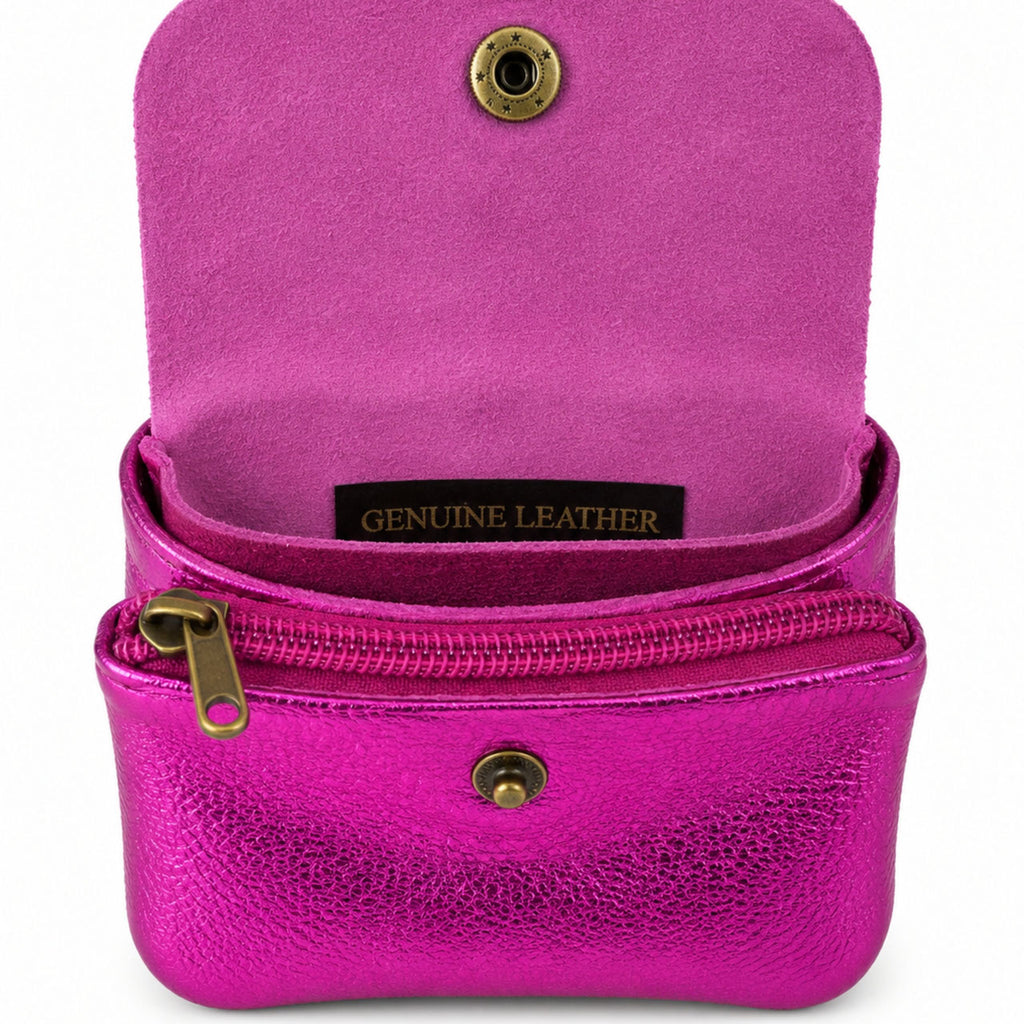 Leather purse metallic fuchsia, opened with compartments and press stud