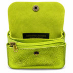 Leather purse metallic lime, opened with compartments and press stud