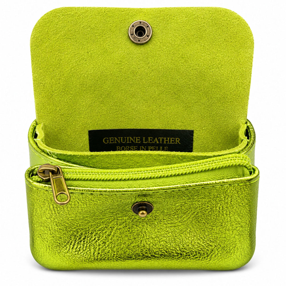 Leather purse metallic lime, opened with compartments and press stud