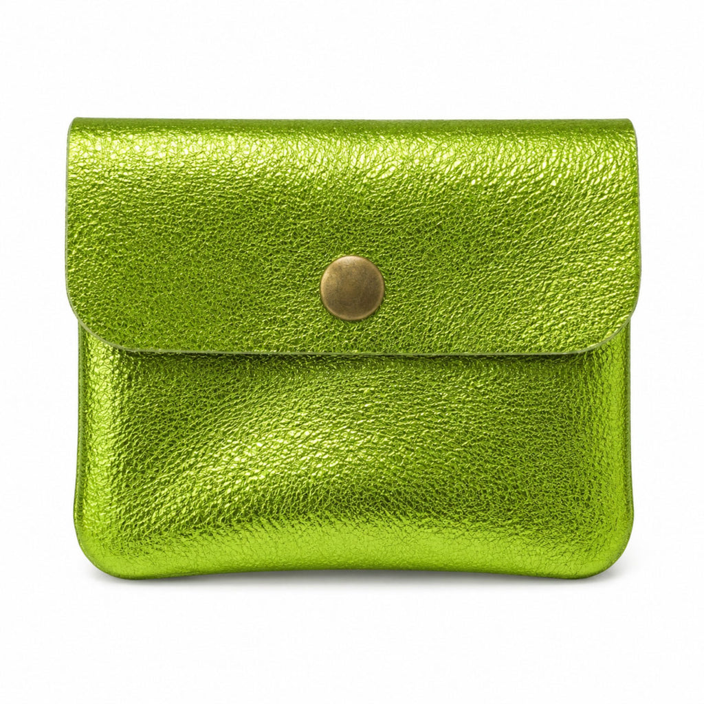 Leather purse metallic lime, front view
