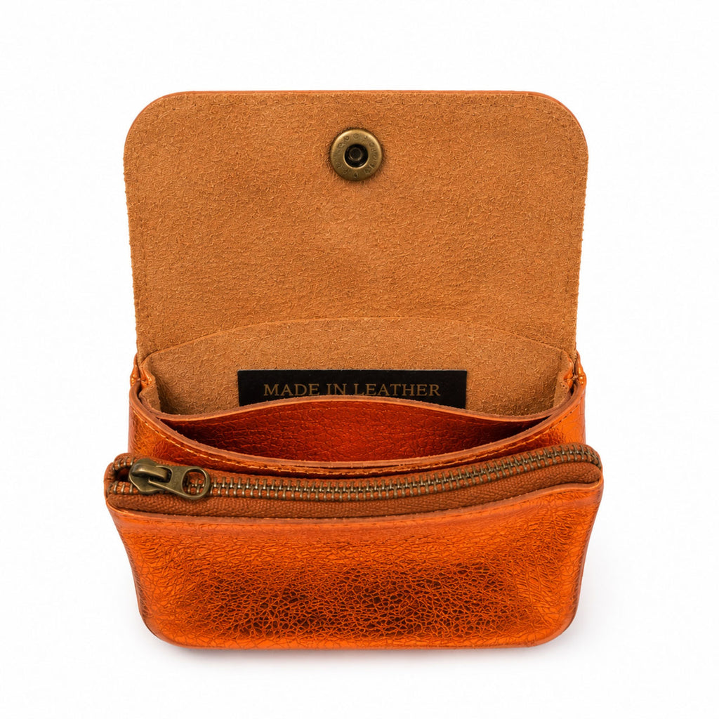Leren portemonnee metallic oranje, geopend met vakjes en drukknop