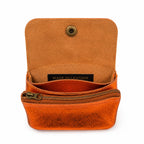 Leren portemonnee metallic oranje, geopend met vakjes en drukknop