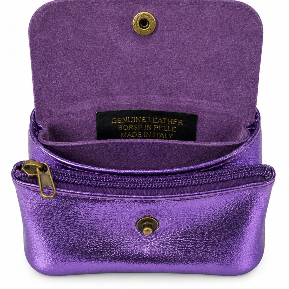 Leather purse metallic purple, opened with compartments and press stud