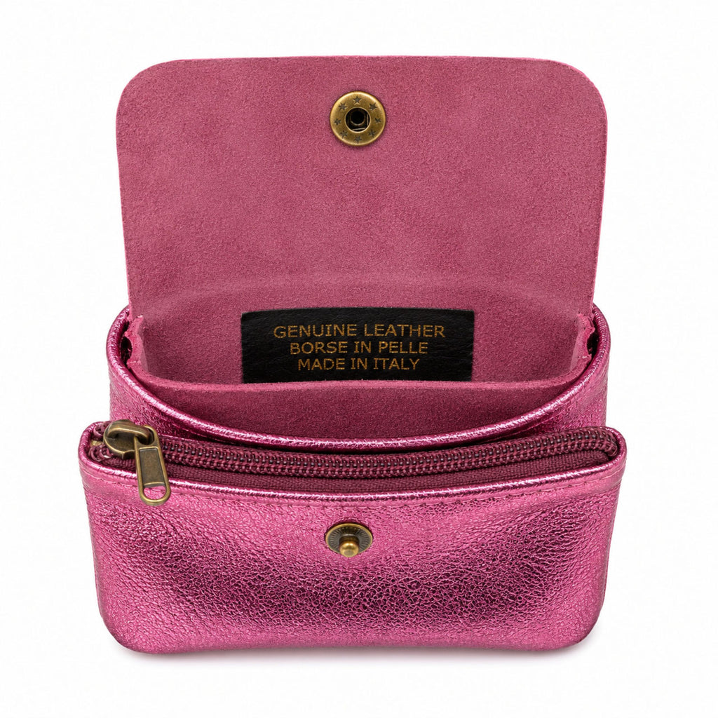 Leather purse metallic pink, opened with compartments and press stud