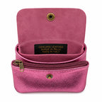 Leather purse metallic pink, opened with compartments and press stud