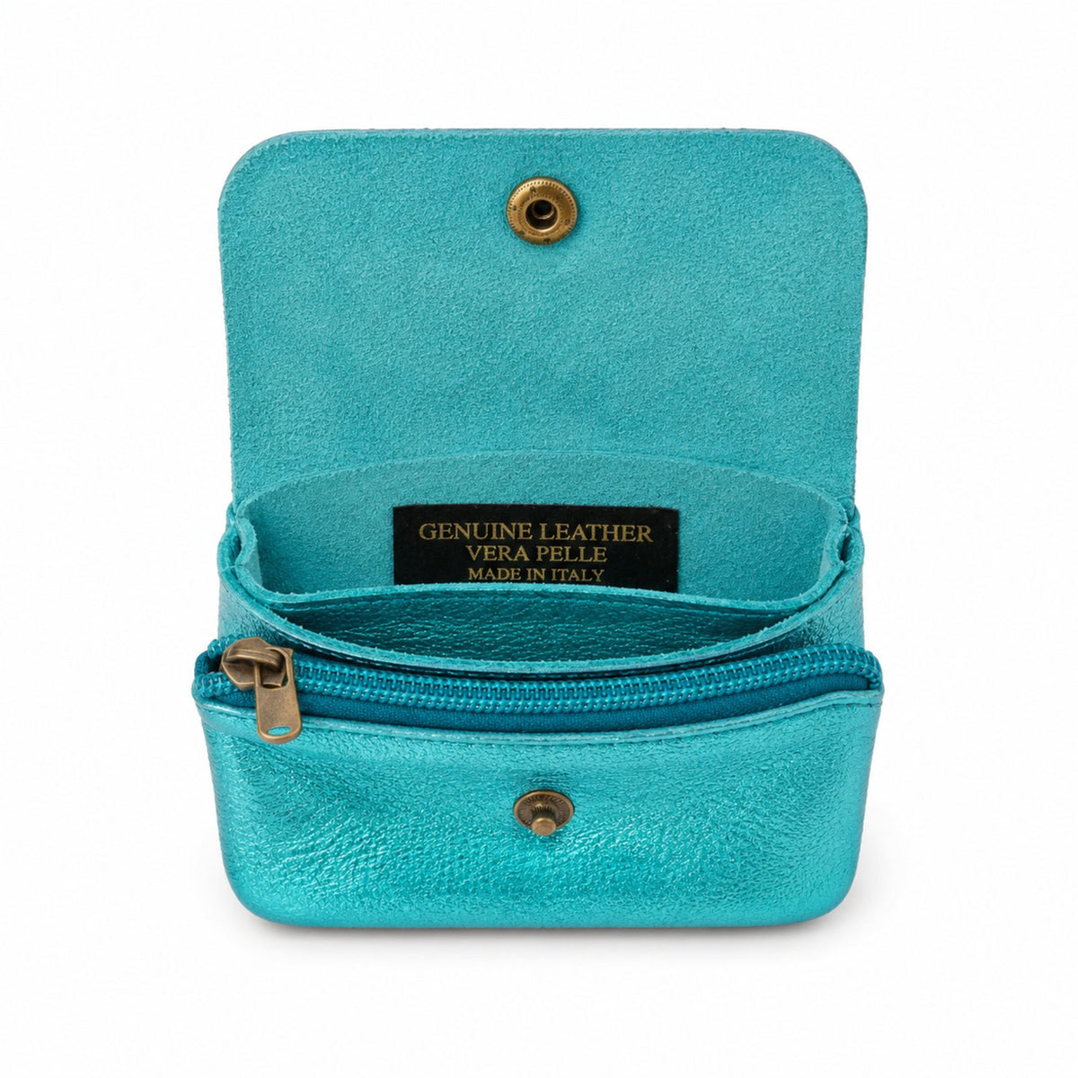 Leather purse metallic turquoise, opened with compartments and press stud