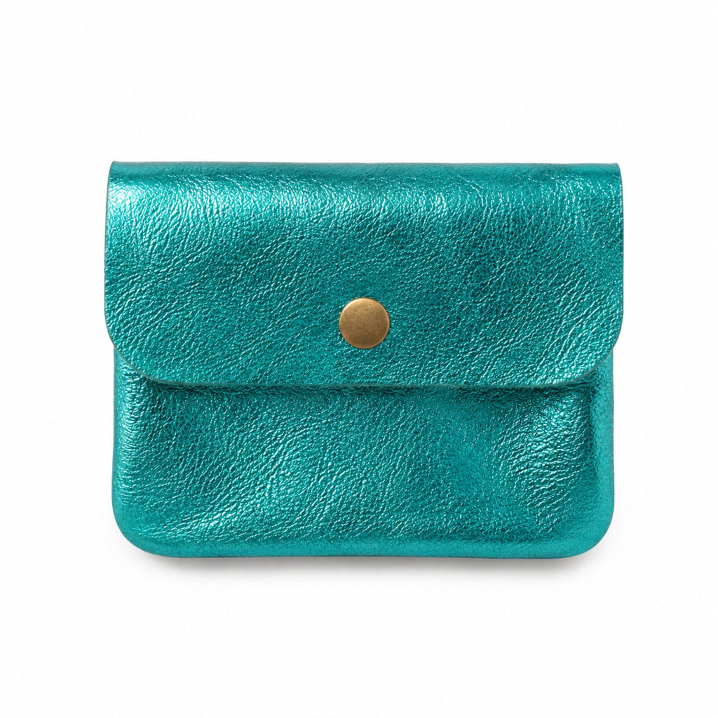 Leren portemonnee metallic turquoise, vooraanzicht