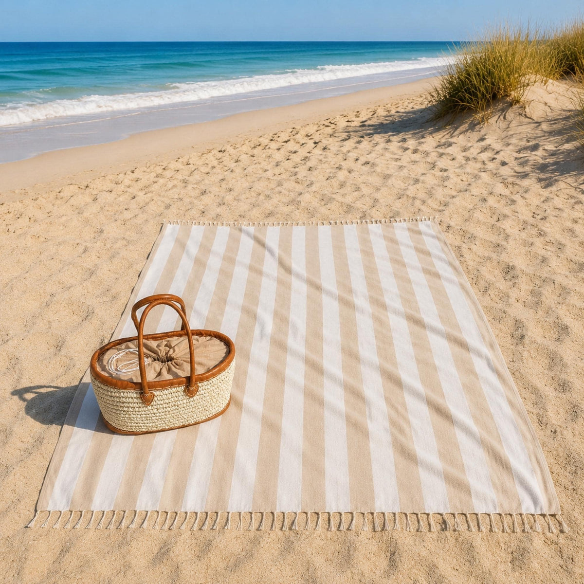 Luxe XXL hamamdoek beige gestreept 240x210 cm, uitgespreid op het strand met een rieten tas