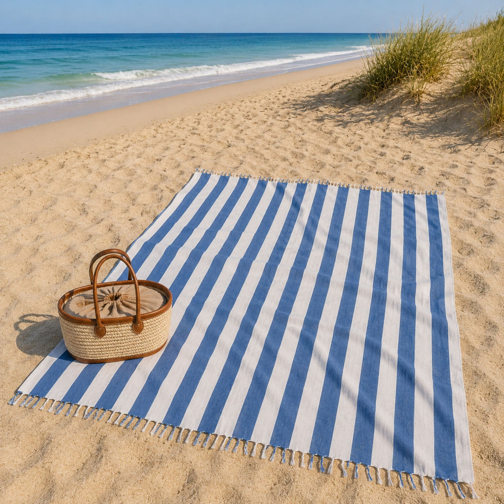 Luxe XXL hamamdoek blauw gestreept 240x210 cm, uitgespreid op het strand met een rieten tas