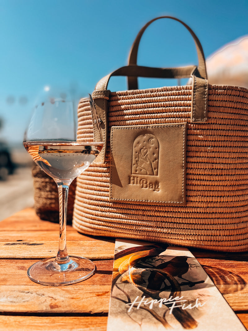 Rieten strandtas met leren label voor Hibag