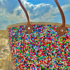 Straw beach bag Multi with sequins without tassels, close up of the coloured sequins