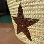 Straw beach bag with sequins Star brown, close up of the brown star