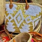 Boho rattan beach bag Aztec white and gold, close up of the white and gold sequins
